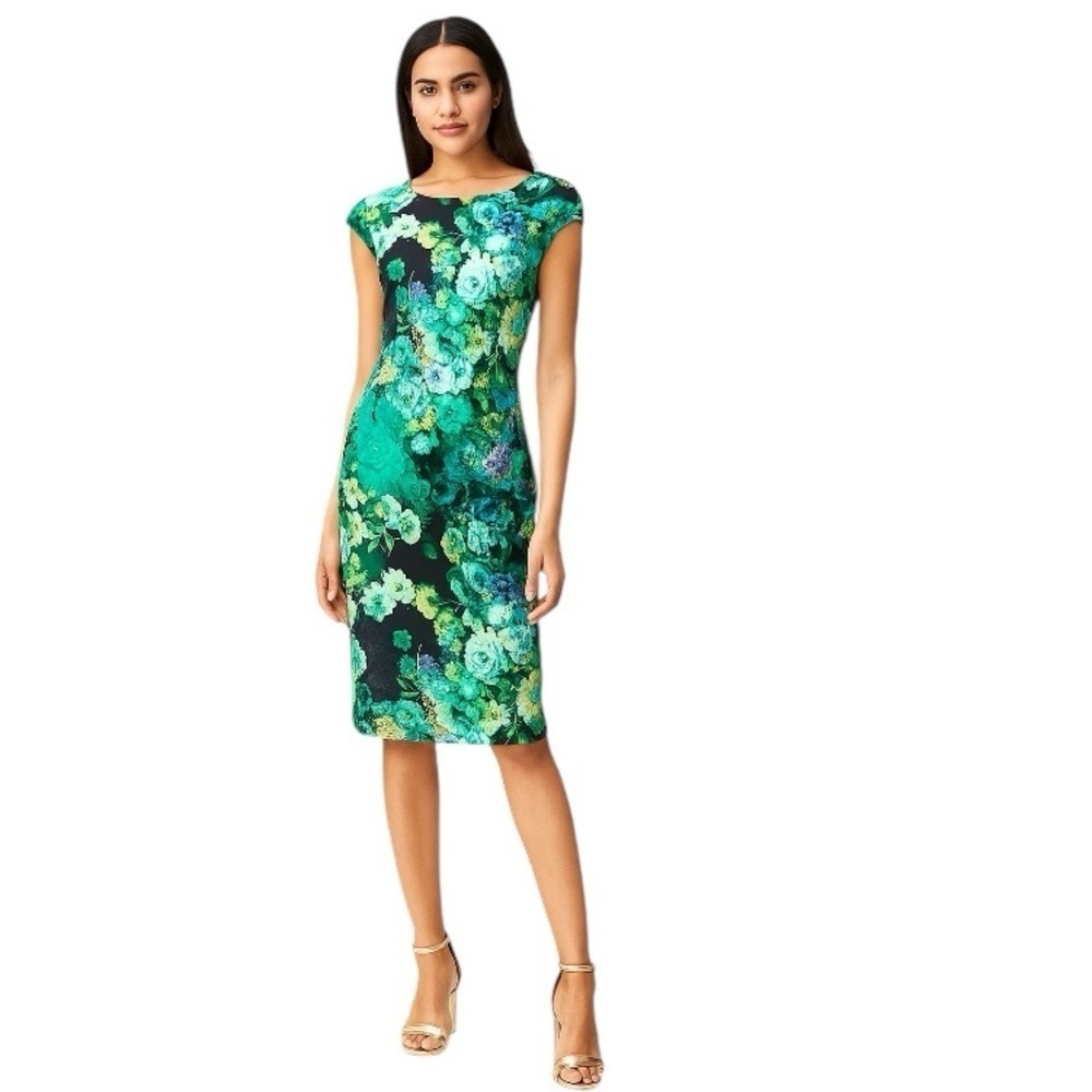 Beige by ECI Black Teal Tropical Multicolor Floral Maximalism Sheath Dress Sz. 4